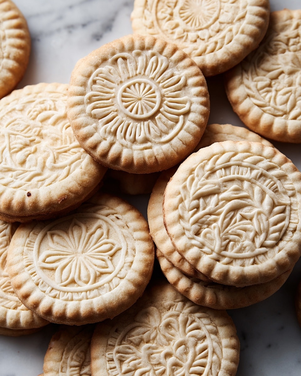 A close-up view of many round cookies stacked together on a white marbled surface, each cookie light golden with a scalloped edge and intricate floral or geometric patterns pressed into the top surface, showing varying raised designs including petals, leaves, and sunburst shapes, with a soft texture and slight browning on the edges, creating a delicate and detailed look photo taken with an iphone --ar 4:5 --v 7