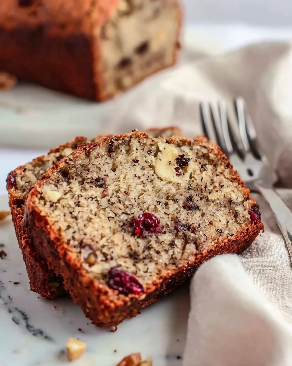 The image shows a close-up of a slice of banana nut bread placed on a white marbled surface. The bread slice has one visible layer with a golden-brown crust and a textured interior filled with small walnut pieces and dark spots of banana and nuts. There is a red dried cranberry piece near the center of the slice. In the background, a larger piece of the bread and a silver fork rest on a light beige cloth with soft folds. The overall look is rustic and homemade. photo taken with an iphone --ar 4:5 --v 7