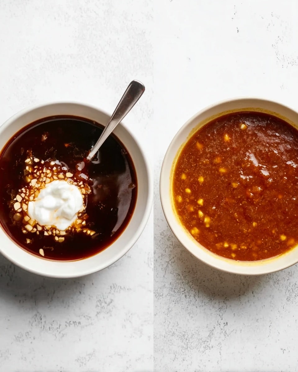 Two white bowls sit side by side on a white marbled surface. The bowl on the left holds a dark brown liquid with a shiny, smooth texture, topped with small beige and white bits, and a dollop of white cream. A small silver spoon is placed inside this bowl. The bowl on the right contains a thick orange-brown sauce filled with tiny yellow bits, giving it a chunky texture with a slightly shiny surface. Photo taken with an iphone --ar 4:5 --v 7