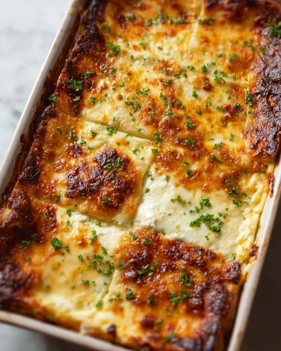 The image shows a close-up of a baked lasagna cut into six square pieces in a white rectangular baking dish. The top layer is a golden-brown melted cheese with patches of darker brown where it is crispier. Bits of finely chopped green herbs are sprinkled evenly over the surface. Beneath the cheesy top, there is a thick, creamy white layer visible at the cut edges. The edges of the lasagna are slightly browned and crispier, contrasting with the softer cheese in the middle. The dish rests on a white marbled textured surface. photo taken with an iphone --ar 4:5 --v 7