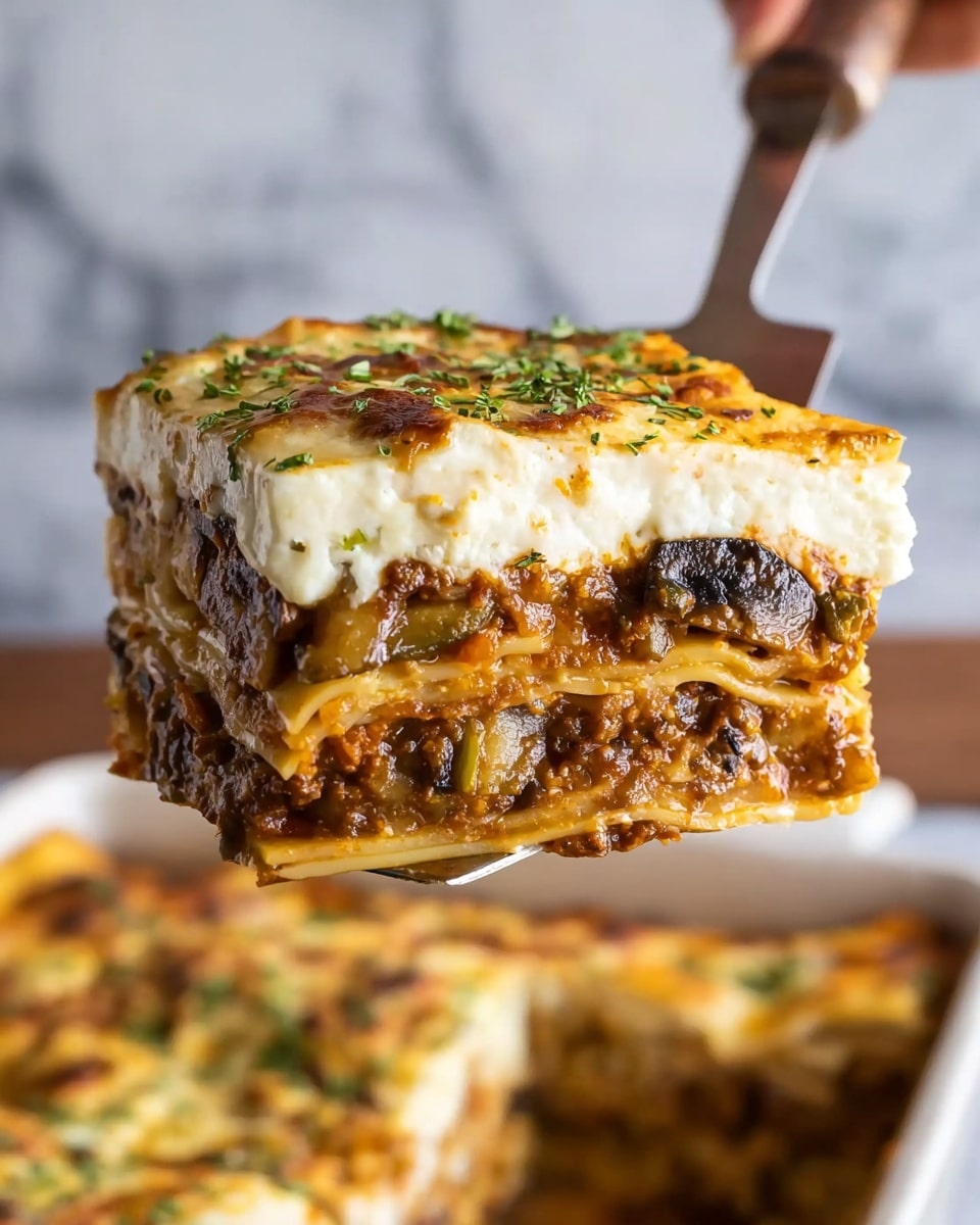 A thick square piece of layered lasagna is being lifted, showing four detailed layers. The bottom layer is a rich brown meat sauce mixed with vegetables, thick and slightly chunky. Above it is a layer of pasta sheets, pale yellow and soft. The next layer is a mix of brown meat sauce with visible pieces of mushrooms. The top layer is a thick, creamy white cheese topping with a slightly browned surface and sprinkled green herbs. The piece looks juicy and well-cooked, held by a knife with a blurred background of more lasagna in a white dish on a white marbled surface. photo taken with an iphone --ar 4:5 --v 7
