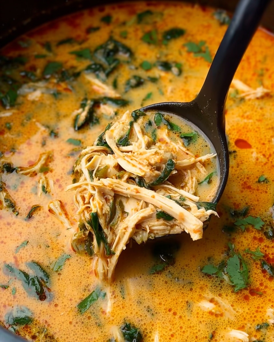 A close-up view of a creamy orange soup filled with shredded chicken pieces and chopped greens, including cilantro and spinach, floating throughout. The soup is thick and smooth with a slightly oily surface, and a black ladle is shown scooping up a generous amount of shredded chicken and sauce from the pot. The colors are warm and rich, with the green herbs adding a fresh contrast against the orange soup. The background is a white marbled texture. photo taken with an iphone --ar 4:5 --v 7