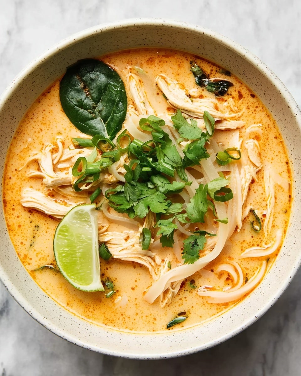 The dish shows a bowl filled with a creamy, orange-colored soup with a smooth texture. Inside the soup, there are white flat noodles and shredded light beige chicken pieces spread evenly. On top, several green layers are visible: chopped green onions, fresh cilantro leaves, and a single spinach leaf placed near the center. A bright green lime wedge is set on the left side of the bowl. The bowl is white with a subtle speckled design, resting on a white marbled surface. photo taken with an iphone --ar 4:5 --v 7