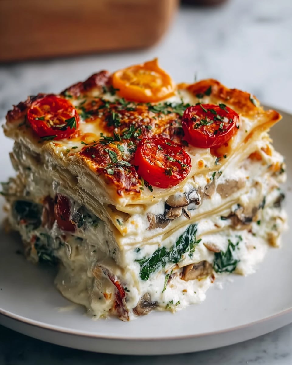 A thick slice of lasagna sits on a white plate, showcasing multiple layers stacked high. The top layer is golden brown with roasted cherry tomatoes in red and orange, sprinkled with herbs. Beneath, creamy white sauce is mixed with wilted green spinach and soft mushrooms, with thin pasta sheets dividing each layer. The sauce looks rich and smooth, oozing slightly at the edges. The texture alternates between the silky cream, tender vegetables, and soft pasta layers. The background is a white marbled surface, giving a clean and fresh look. Photo taken with an iphone --ar 4:5 --v 7