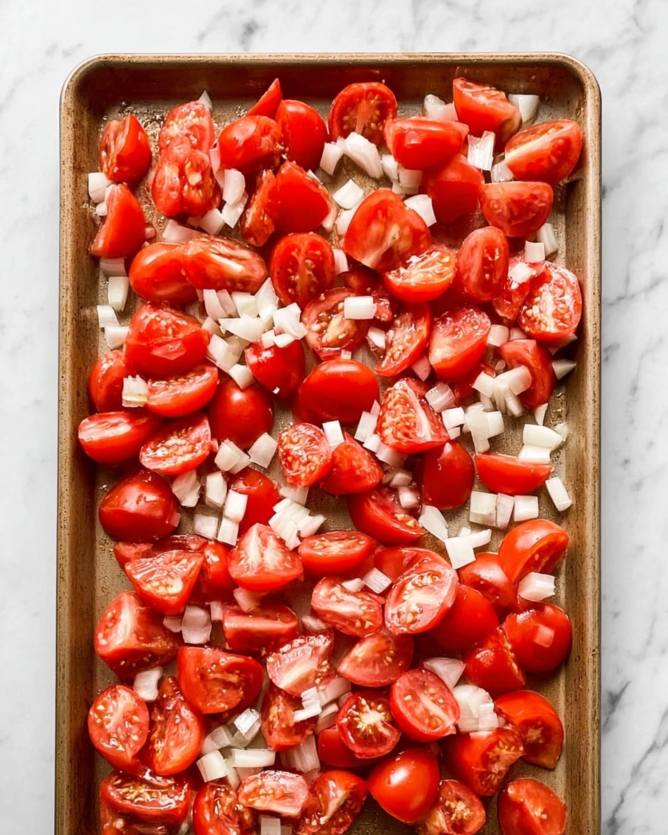 A baking tray filled with many red tomato pieces and small white onion pieces spread evenly in one layer. The tomato pieces are cut into quarters, showing their shiny, juicy inside with small seeds. The onions are cut into small cubes and mixed around the tomatoes. The tray is placed on a white marbled surface. The lighting highlights the fresh and bright colors of the vegetables. photo taken with an iphone --ar 4:5 --v 7