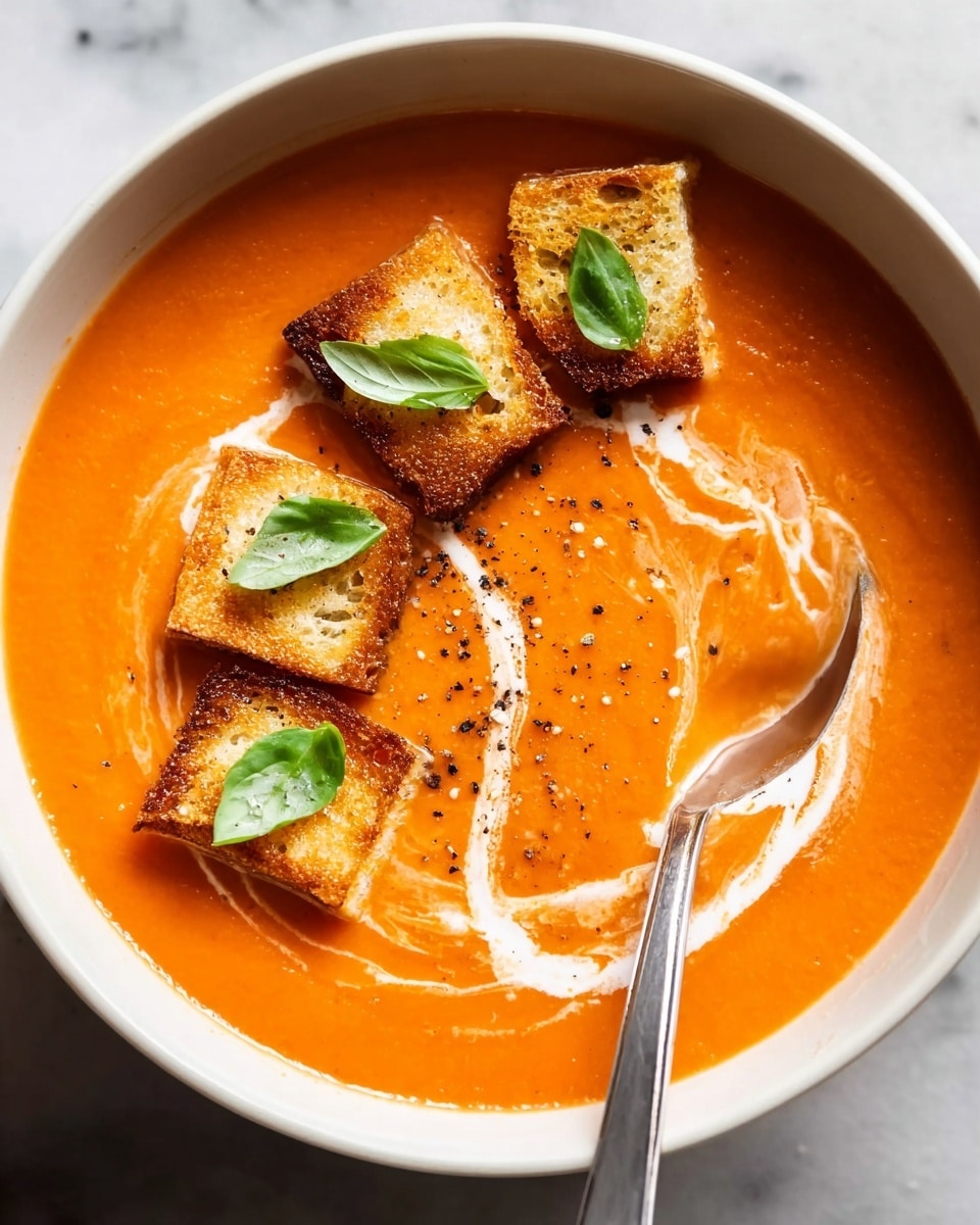 A bowl filled with smooth orange tomato soup with a swirl of white cream on the left side, topped by three rectangular golden toasted bread pieces placed in a diagonal line, each piece decorated with small green basil leaves. The soup is sprinkled lightly with black pepper. A silver spoon is partially dipped on the right side of the bowl, which is white and sits on a white marbled surface. Photo taken with an iphone --ar 4:5 --v 7