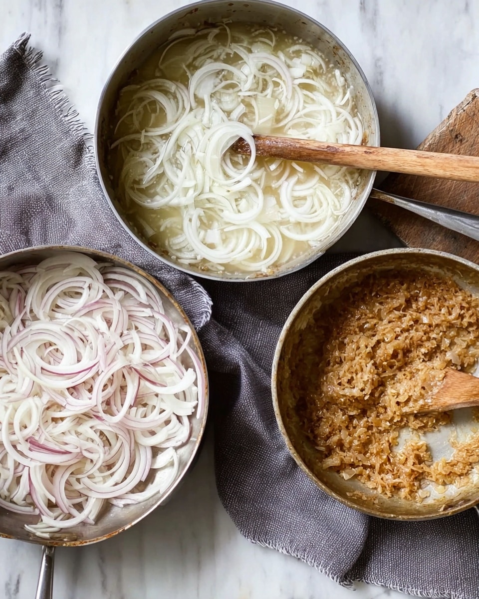 The image shows three metal pans on a white marbled surface with a gray cloth underneath each pan. The first pan is filled with thin rings of white and light purple onions spread evenly, showing a mix of fresh onion textures. The second pan holds onions simmering in a white liquid, partially translucent with a wooden spatula stirring inside. The third pan contains a thick, brownish mixture with a grainy texture, spread loosely across the bottom of the pan, showing a heavier cooked consistency. photo taken with an iphone --ar 4:5 --v 7