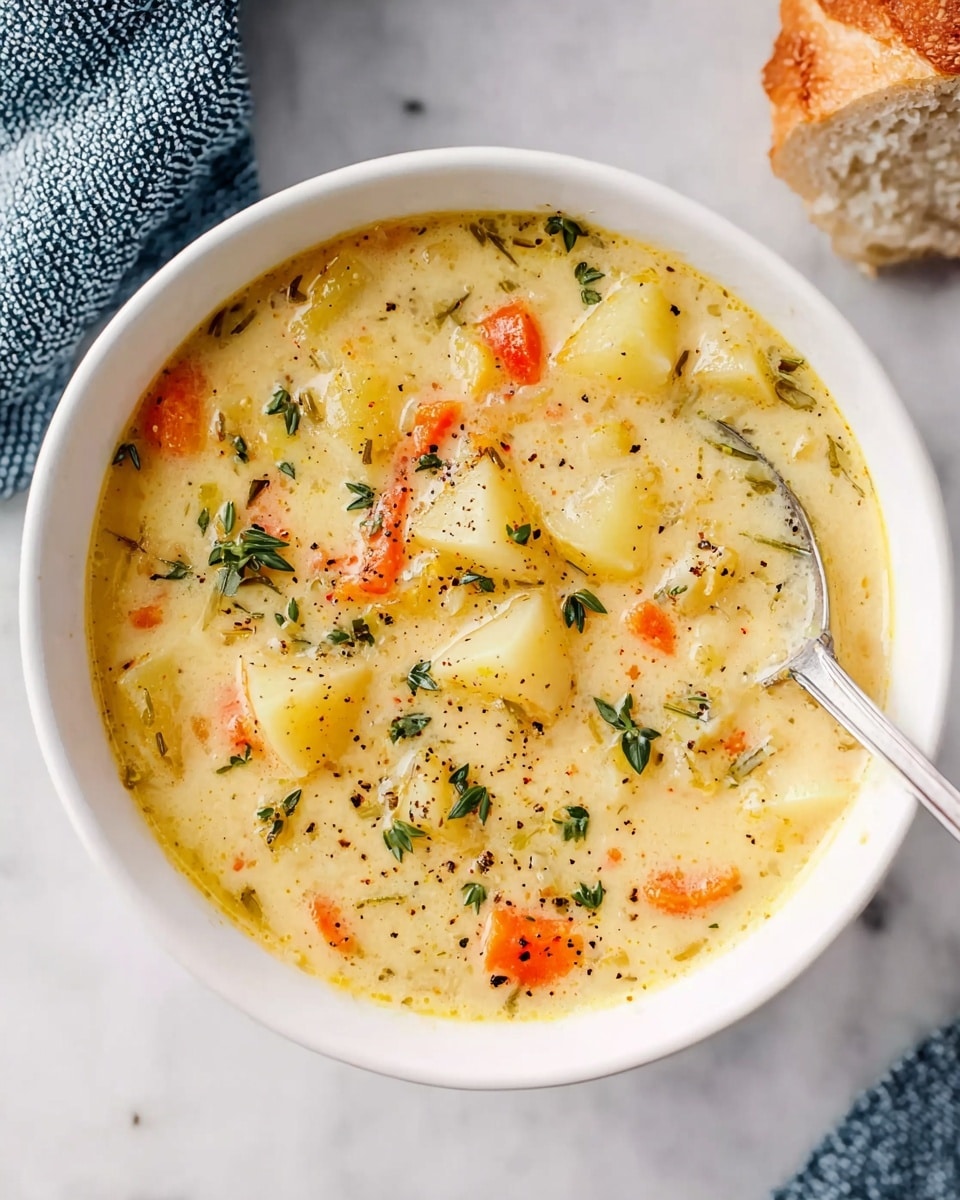 A white bowl filled with creamy soup, showing visible chunks of light yellow potatoes and orange carrots mixed throughout, with small green herb leaves scattered on top, the soup’s surface has a smooth, slightly thick texture with a sprinkling of black pepper. A silver spoon rests inside the bowl on the right side. The bowl is on a white marbled surface with a piece of bread and a blue textured cloth nearby. Photo taken with an iphone --ar 4:5 --v 7