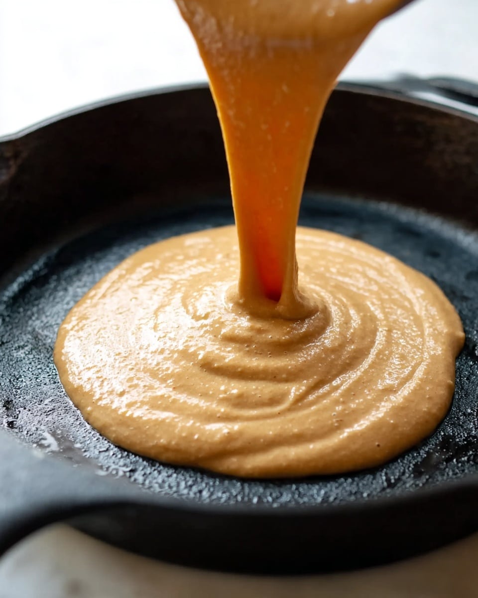 A black cast iron pan sits on a white marbled surface as a thick, light brown batter is poured into it. The batter flows smoothly from above, forming a rounded pile in the center of the pan with a slightly shiny and creamy texture. The edges of the pan have a matte, slightly worn look, contrasting with the smooth batter inside. The photo focuses closely on the action of pouring, capturing the batter mid-flow and the pan's interior details. photo taken with an iphone --ar 4:5 --v 7