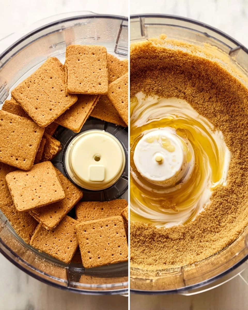 The image shows two clear food processor bowls side by side on a white marbled surface. The bowl on the left contains whole rectangular graham crackers standing upright around the center blade, arranged in a circle forming a single outer layer with a rough tan color and slightly textured surface. The bowl on the right shows the next step with the graham crackers ground into a fine, sandy brown crumb layer covering the bottom and sides of the bowl, with liquid ingredients like melted butter and sugar forming a glossy beige and pale yellow swirl on top around the central blade. Photo taken with an iphone --ar 4:5 --v 7