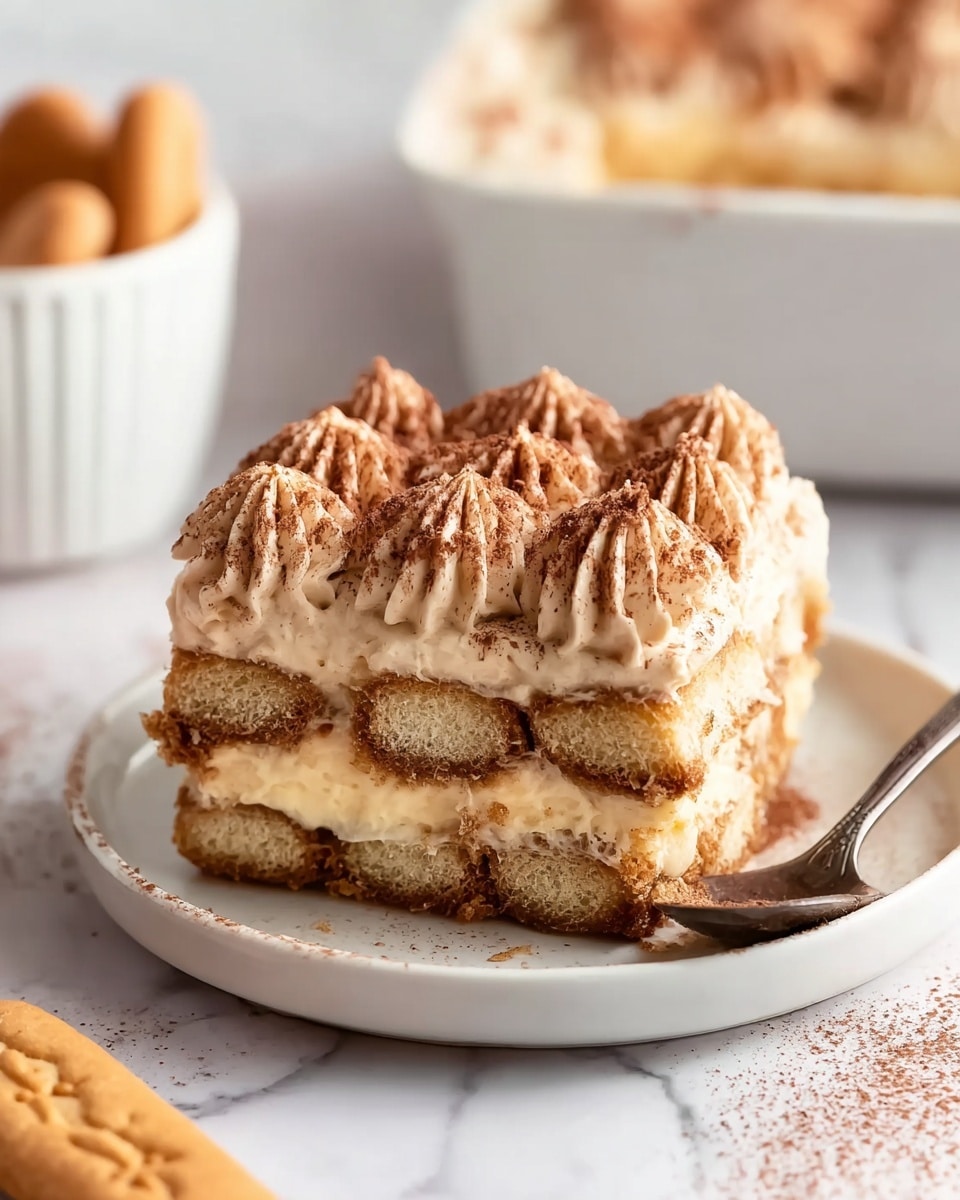 A square piece of tiramisu dessert is on a white plate, with three visible layers: the bottom layer is soaked ladyfinger biscuits with a light brown color, the middle layer is creamy and light beige with a smooth texture, and the top layer is a piped cream with a light brown color, decorated with small swirls and dusted with cocoa powder. A spoon with a dark handle rests on the plate beside the dessert. In the background, there is a white dish filled with the same dessert, slightly out of focus, and a single ladyfinger biscuit lies on a white marbled surface in front of the plate. photo taken with an iphone --ar 4:5 --v 7