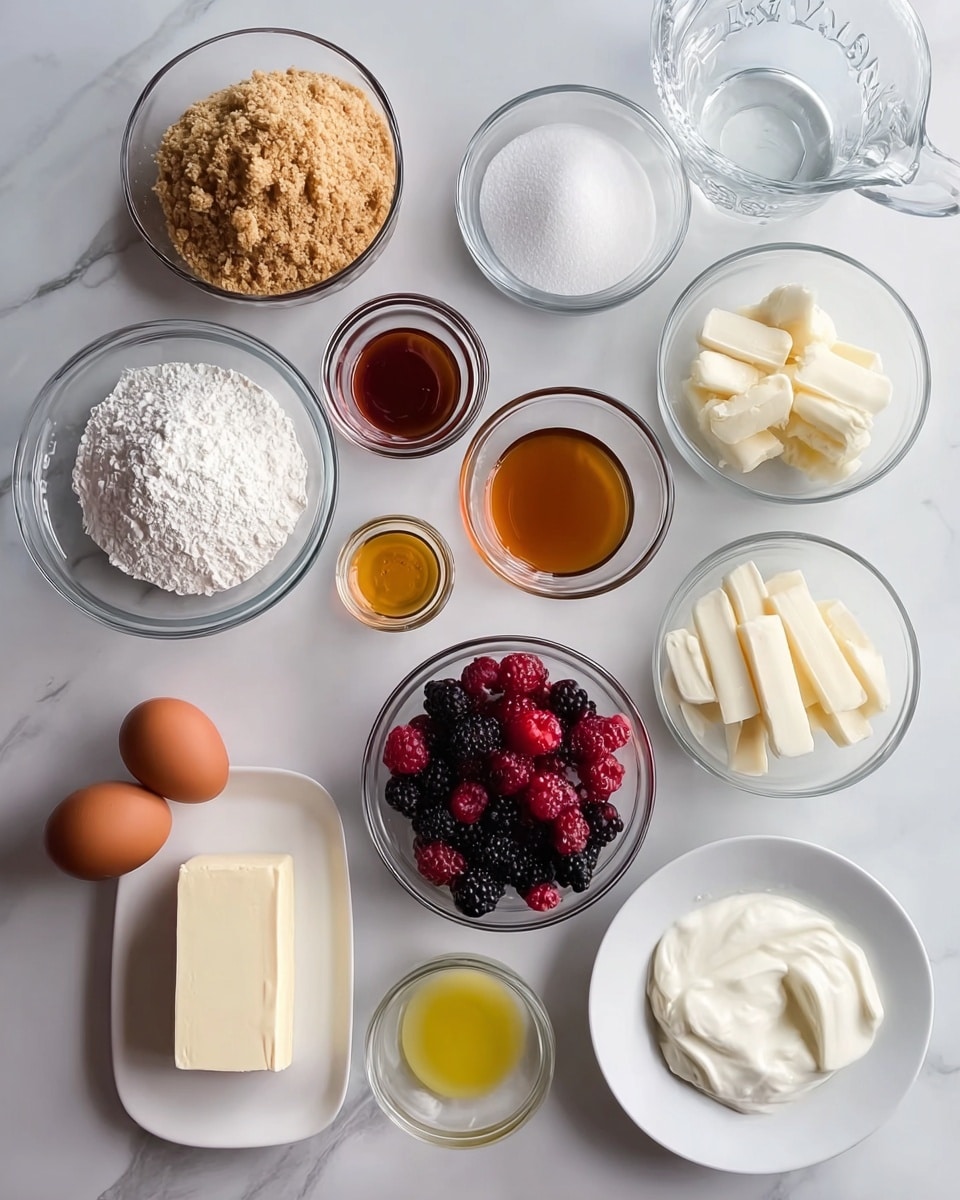 The image shows various ingredients arranged neatly on a white marbled surface, with a focus on clear glass bowls and a white plate containing a block of cream cheese. At the top left, there is a glass bowl filled with light brown crumbs next to a bowl of white granulated sugar. Below them are smaller glass bowls with golden syrup and white powder, alongside a white plate holding white sticks of cream cheese. To the right, a clear glass pitcher is partially visible. Below these, there are two bowls filled with white creamy substances, a glass bowl with mixed red and black berries in the center, and another with a small amount of yellow liquid. Three brown eggs rest in a small white dish near the bottom left corner. The arrangement is clean and evenly spaced, creating a pleasing, organized preparation scene. photo taken with an iphone --ar 4:5 --v 7
