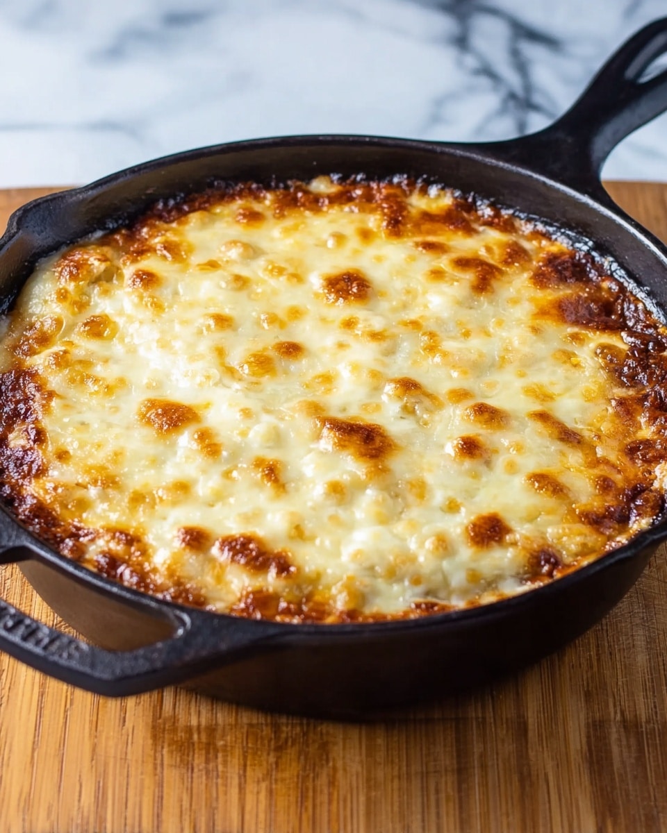 The image shows a black cast iron pan filled with a baked dish that has a single top layer of melted, golden-brown cheese with some darker brown spots where the cheese bubbled and browned more. The cheese covers the entire surface smoothly but with a slightly uneven texture from bubbling. The pan sits on a wooden surface with a white marbled background behind it. There are no other visible layers or toppings, just the cheesy baked surface photo taken with an iphone --ar 4:5 --v 7