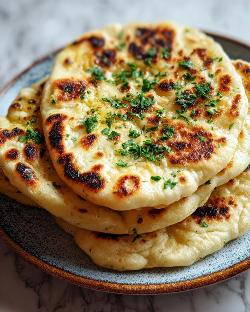 A stack of four round flatbreads sits in the center of a white plate with a rustic blue and brown edge. Each flatbread is golden brown with uneven dark brown spots from cooking. They have a soft, puffy texture with slight bubbles and are sprinkled with fresh chopped green herbs on top, adding a vibrant touch. The flatbreads look warm and freshly made, stacked unevenly showing the thickness of each layer. The background is a white marbled texture. Photo taken with an iphone --ar 4:5 --v 7