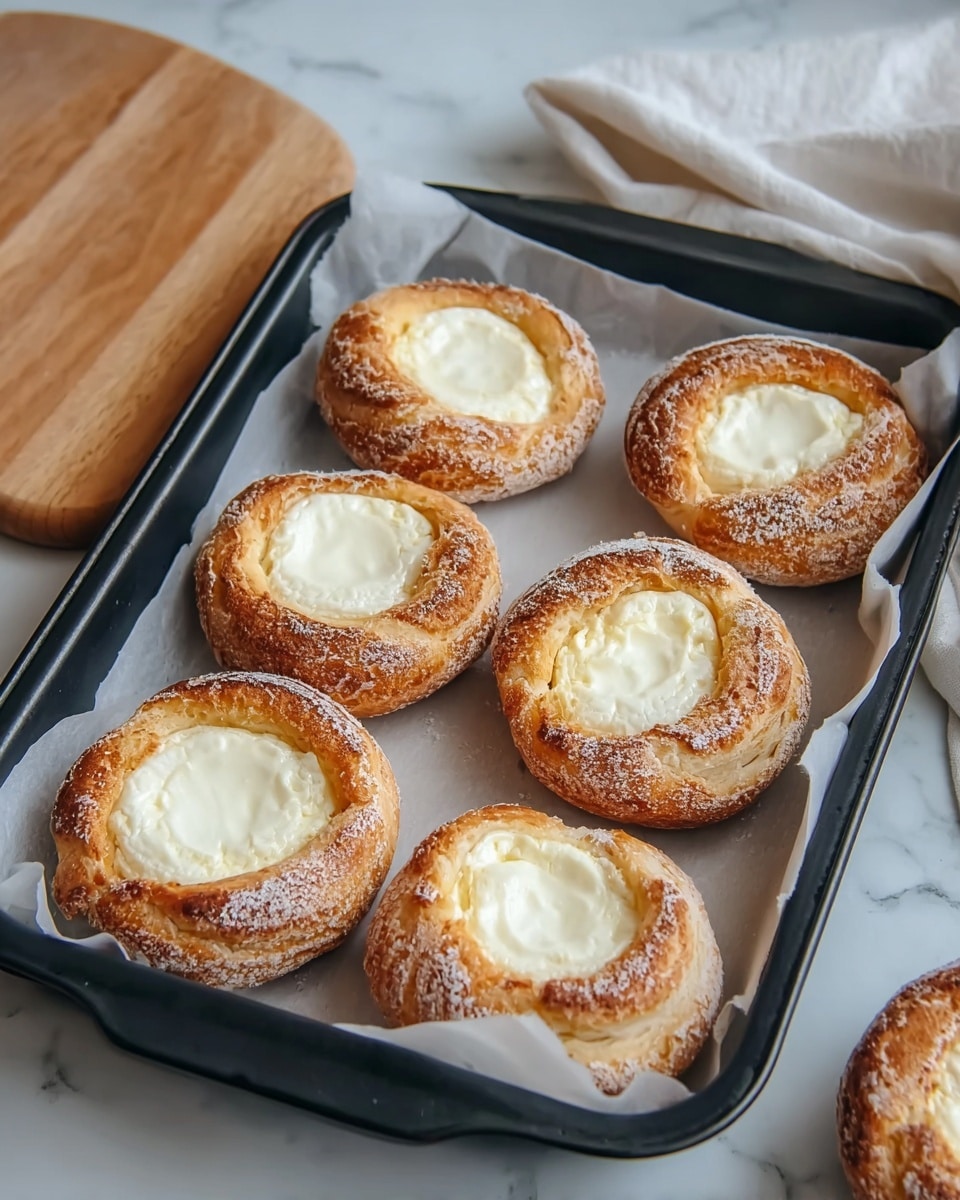 The image shows a black baking tray lined with white parchment paper, holding seven round pastries with a golden-brown crust. Each pastry has a thick outer ring that is toasted and slightly dusted with flour, creating a rough texture. In the center of each pastry, there is a smooth, creamy white filling that contrasts with the crust. The trays rest on a white marbled surface, and part of a wooden board and a white cloth are visible in the background. photo taken with an iphone --ar 4:5 --v 7