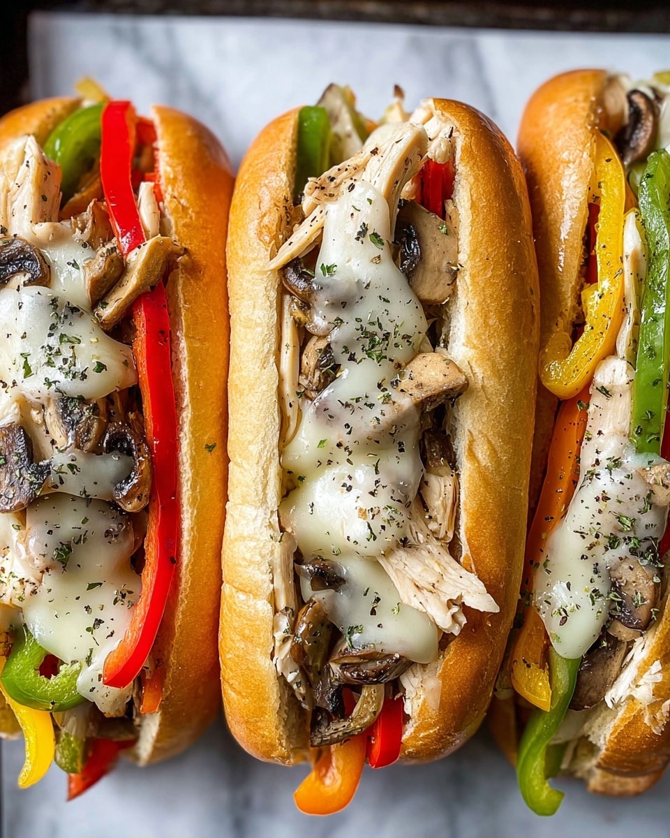 Three sandwiches are placed close together in a row on a tray. Each sandwich has a soft, golden-brown bun with a slight shine and black pepper sprinkled on top. Inside the bun, there is a colorful mix of layers: strips of cooked white meat chicken, sautéed red, green, and yellow bell peppers, sliced mushrooms, and onions. Melted white cheese is draped over the top layer, with some herbs and black pepper sprinkled on the cheese and vegetables. The background surface is a white marbled texture. photo taken with an iphone --ar 4:5 --v 7