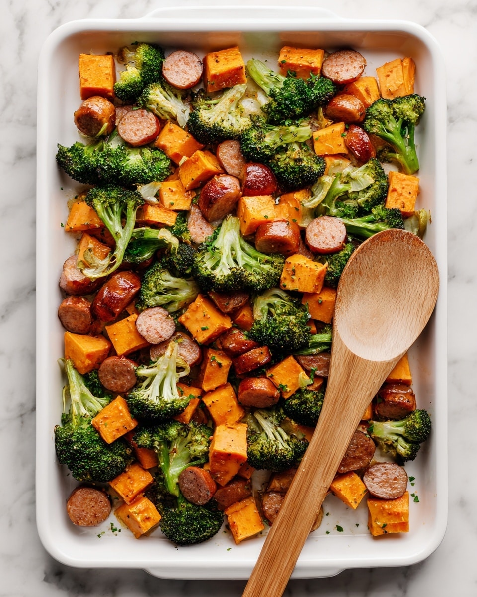 A large white baking tray filled with three main layers: cubed orange sweet potatoes scattered evenly across the bottom, bright green roasted broccoli florets spread throughout, and browned sliced sausage pieces placed on top, creating a mix of colors and textures. A wooden spoon with a light handle rests on the right side of the tray, partially covered by the food. The tray sits on a white marbled surface. Photo taken with an iphone --ar 4:5 --v 7