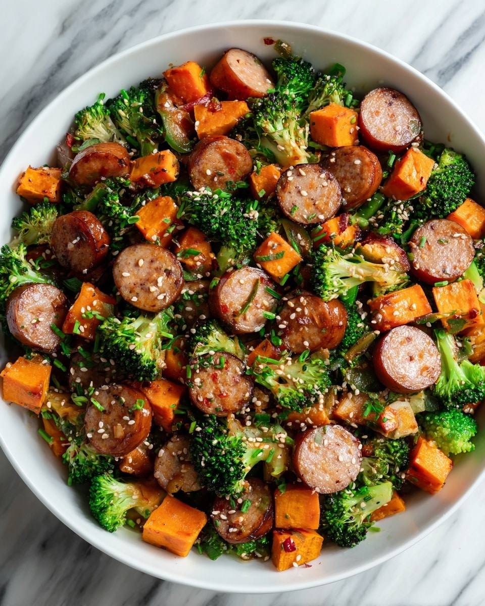 This image shows a white plate filled with a mix of brightly colored food. The base layer has small green broccoli florets scattered around, providing a fresh texture. On top of the broccoli, there are shiny, browned slices of sausage with a smooth outer skin and a light tan inside, arranged evenly through the dish. Mixed with the sausage are chunky cubes of orange sweet potatoes, adding a soft and matte look with some subtle browning on their edges. The entire dish is sprinkled lightly with sesame seeds and small green herb pieces, sitting on a white marbled surface. The photo taken with an iphone --ar 4:5 --v 7