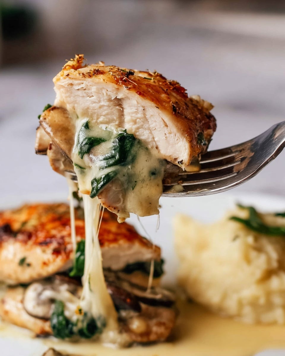 A close-up shows a piece of cooked light brown chicken with a slightly crispy texture on top, held by a fork. Inside the chicken are layers of melted, stretchy white cheese and soft green spinach leaves. Underneath the cheese and spinach, there are slices of browned mushrooms. The chicken sits on a white surface with a bit of creamy sauce around it. In the background, there is a blurred serving of light beige mashed food on a white marbled texture. The photo taken with an iphone --ar 4:5 --v 7