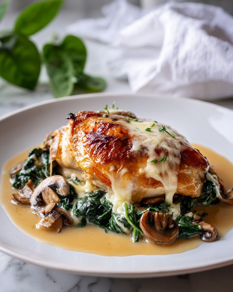 Two pieces of cooked chicken with golden brown skin are shown in a white pan. Each piece has a layer of melted cheese and chopped green herbs on top, beneath the skin. Underneath the chicken, there is a bed of cooked, dark brown mushrooms. The dish sits on a white marbled surface with some green herb pieces scattered around. photo taken with an iphone --ar 4:5 --v 7