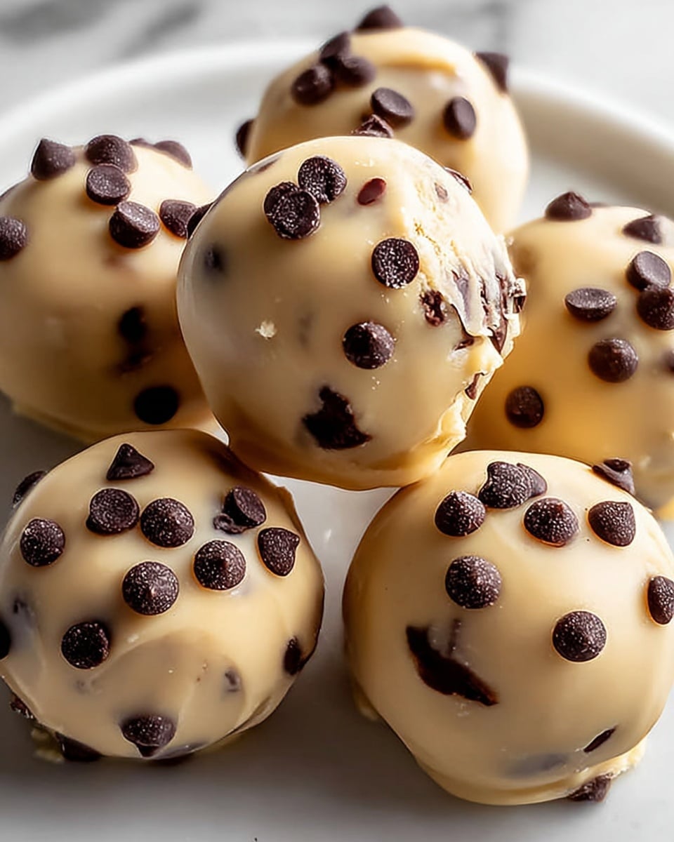 A close-up view shows round truffles with a smooth, light beige outer layer coated evenly and topped with multiple small, dark brown chocolate drops scattered on the surface; each truffle has a slightly glossy cream-colored finish with a few cracks showing dark chocolate pieces inside, all placed on a white plate over a white marbled surface. photo taken with an iphone --ar 4:5 --v 7