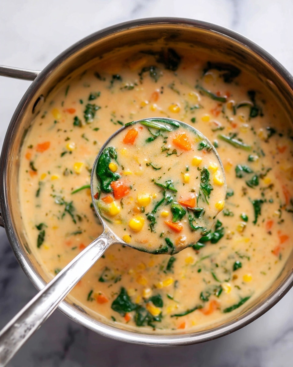 A close-up of a thick creamy soup in a stainless steel pot with a silver ladle holding a scoop near the center. The soup has three main layers: a smooth beige creamy base, mixed with small pieces of orange carrot and yellow corn, and chopped green spinach leaves spread evenly throughout. The ladle shows a dense texture with small chunks and leafy greens, giving a hearty look. The background is a white marbled texture. Photo taken with an iphone --ar 4:5 --v 7