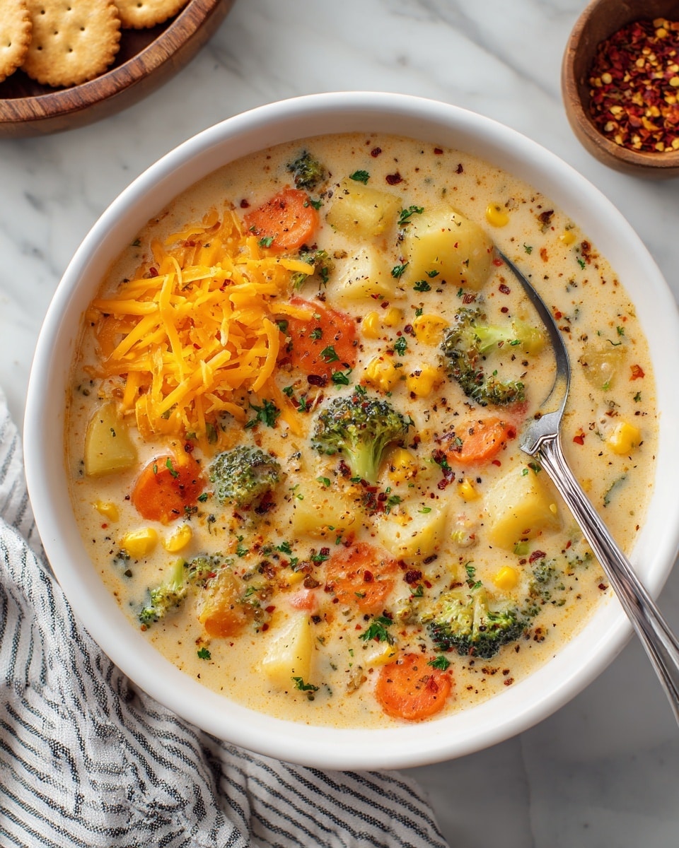 A large white pot filled with thick yellowish creamy soup that has visible pieces of broccoli, carrot slices, and small potato chunks. The soup is garnished in the middle with a small pile of shredded orange cheese and chopped green herbs. A wooden spoon rests inside the soup on the right side, slightly submerged. In the background, there are two small white bowls, one with chopped green herbs and the other with red pepper flakes. The pot is set on a white marbled surface with a black and white striped cloth partially visible under the pot handle. Photo taken with an iphone --ar 4:5 --v 7