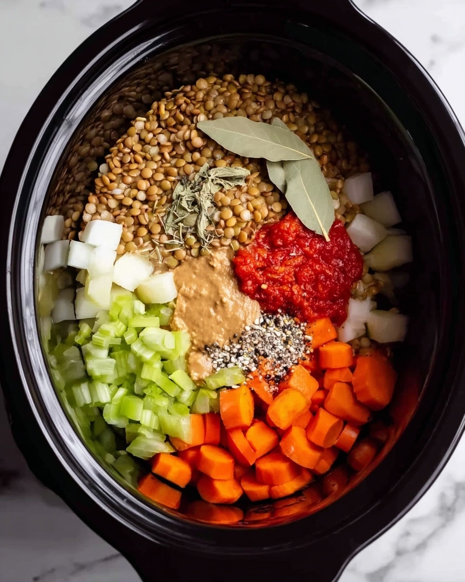 Inside a black slow cooker, there are many layers of ingredients. At the bottom, there are bright orange carrot slices on the right and green chopped celery pieces on the left. Above the celery, there is a dollop of light brown peanut butter-like paste. Near the top center, there is a small pile of red tomato paste. The top layers have light brown lentils covering most of the middle area, with white chopped potatoes to the right and behind. There are two light brown bay leaves on top of the lentils near the center. Around the lentils, spots of white salt and black pepper seeds are visible. The textures vary from smooth tomato paste to rough lentils and crisp vegetables, all inside the black pot, set on a white marbled surface photo taken with an iphone --ar 4:5 --v 7