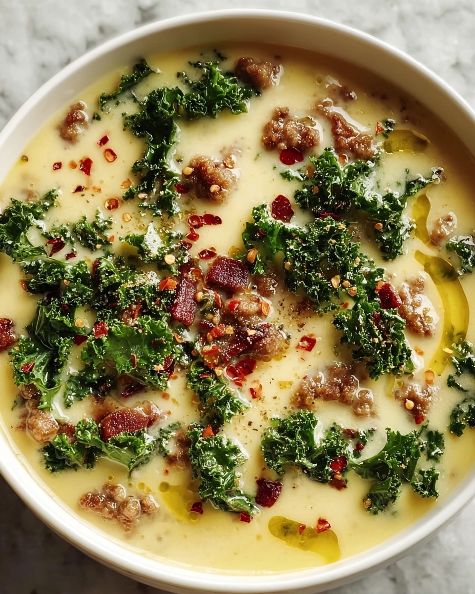 A bowl of creamy light yellow soup fills the frame, topped with small, rough pieces of brown sausage and dark red crispy bacon bits scattered throughout. Bright green curly kale leaves are spread across the surface, adding texture and color contrast. Tiny red chili flakes are sprinkled over the top, adding specks of red against the pale soup. A bit of shiny oil reflects light near the edge, enhancing the rich look. The bowl is white, set on a white marbled surface, with a close-up view that shows the soup's smooth texture and the toppings in clear detail. Photo taken with an iphone --ar 4:5 --v 7