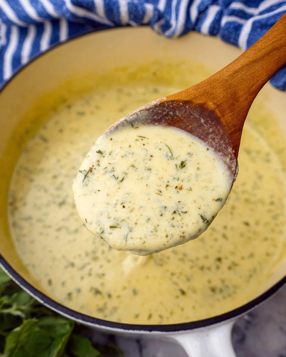 A close-up view of a thick, creamy soup with a pale yellow color speckled with small green herbs, held on a wooden spoon above a white pot with a dark rim. The soup looks smooth and rich with tiny bits throughout, creating a textured surface. The background shows a bit of a striped blue cloth and green leaves with a white marbled surface under the pot. Photo taken with an iphone --ar 4:5 --v 7