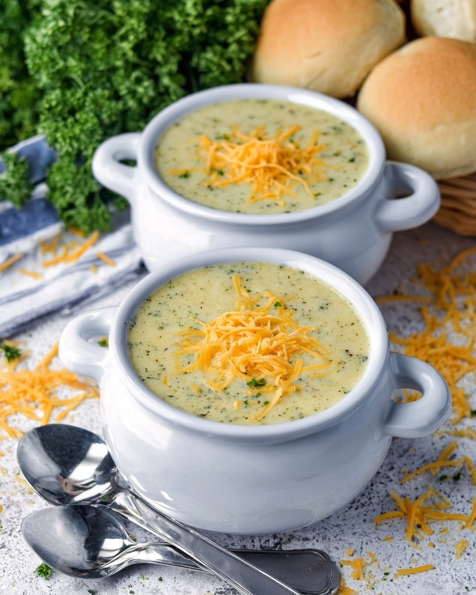 Two white small pots with handles are filled with thick, creamy soup. The soup is pale green with visible bits of darker green herbs mixed inside. Bright orange shredded cheese is sprinkled on top of each pot, with some cheese strands falling on the sides and the white marbled textured surface below. Around the pots are soft light brown round bread rolls. In the background, there is fresh green leafy parsley. Two shiny silver spoons lie next to the pots on the white marbled textured surface. photo taken with an iphone --ar 4:5 --v 7