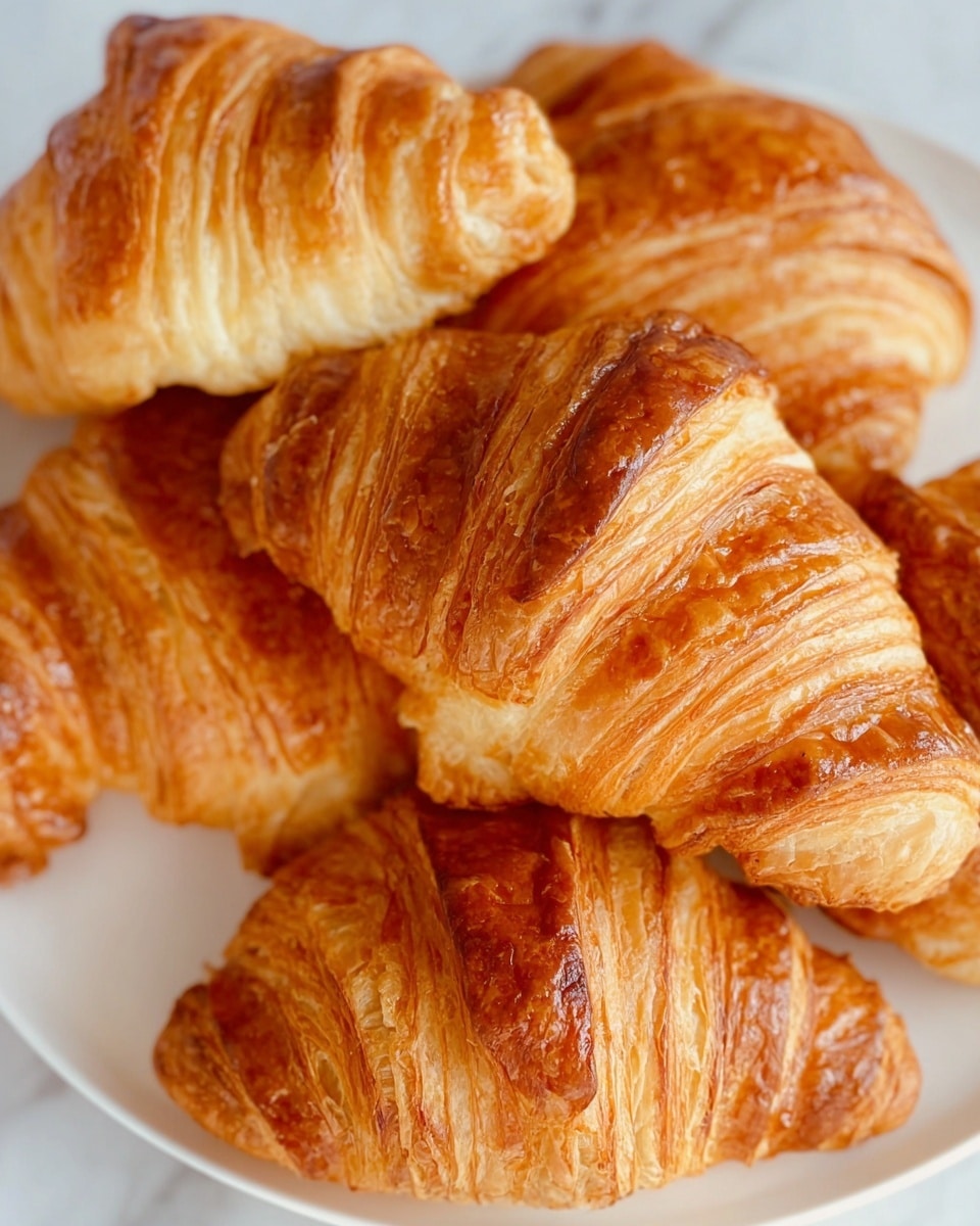 A close-up image of multiple golden brown croissants stacked together on a white plate, showing their flaky, layered texture with a slightly shiny, crisp surface. The croissants display visible folds and layers, with varying shades of light and dark brown from baking, creating a warm and inviting look. The background is a white marbled surface. photo taken with an iphone --ar 4:5 --v 7