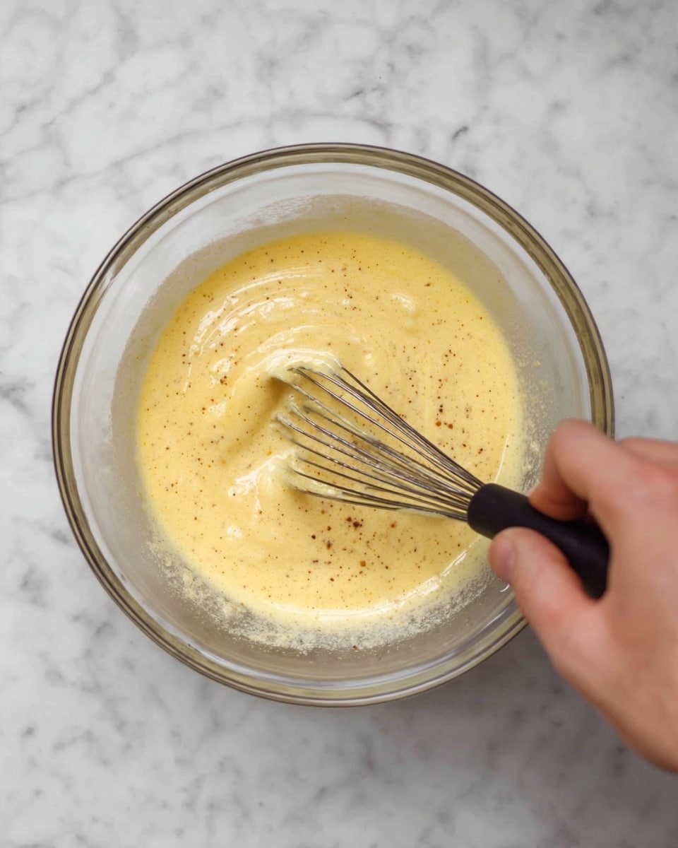 A clear glass bowl holds a frothy yellow mixture with small brown specks being whisked by a woman's hand holding a metal whisk with a black handle. The mixture has a smooth, slightly thick texture with bubbles. The bowl is placed on a white marbled surface, and the action of whisking creates swirls and movement inside the bowl. Photo taken with an iphone --ar 4:5 --v 7