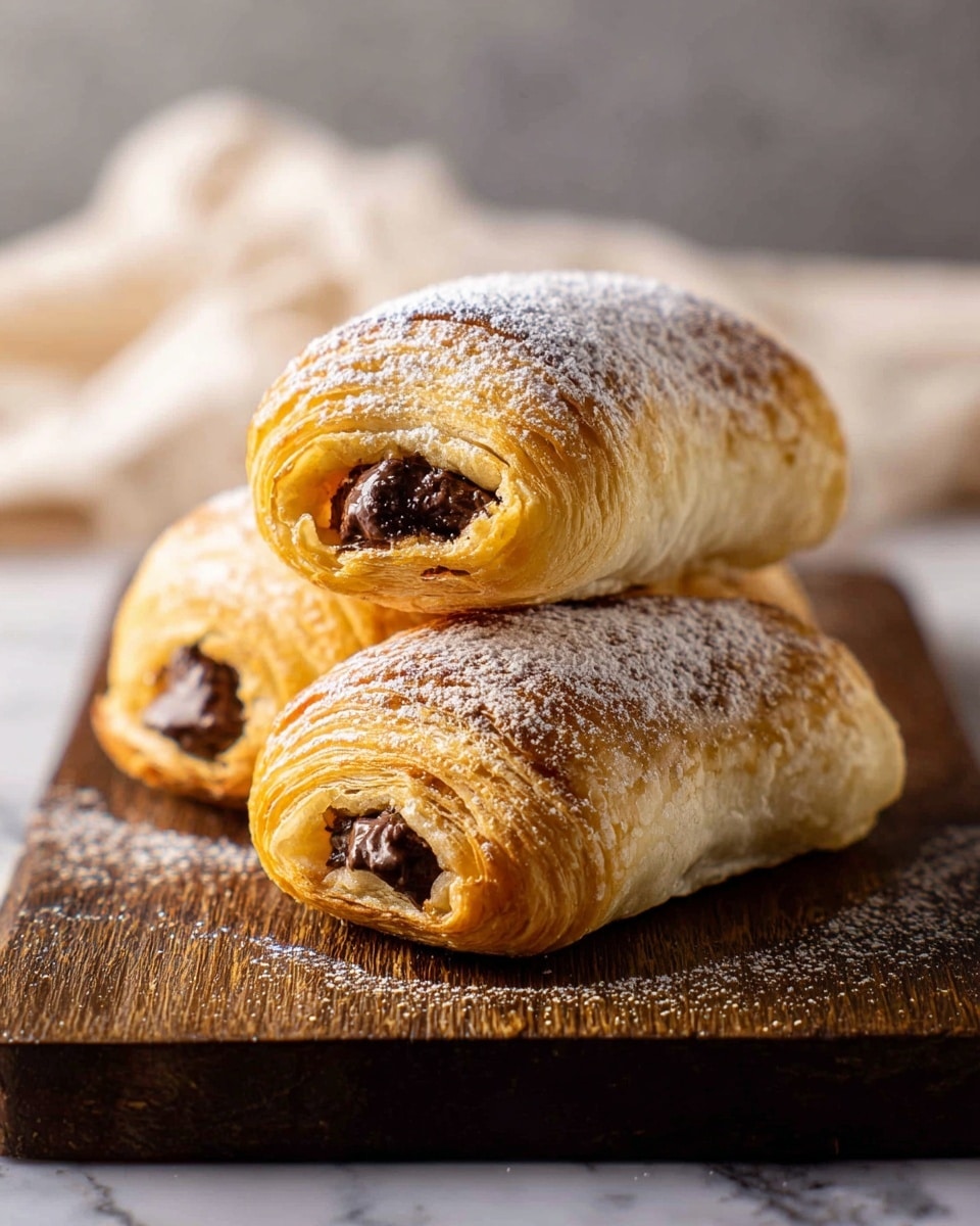 Three golden brown pastries stacked on a dark wooden board with the top one resting horizontally over two below it. Each pastry has a layered, flaky texture with visible chocolate filling peeking out from the ends. A light dust of powdered sugar is sprinkled evenly on top, giving a soft white contrast to the warm shiny crust. The background features a soft, creamy blurred fabric on a white marbled surface. photo taken with an iphone --ar 4:5 --v 7