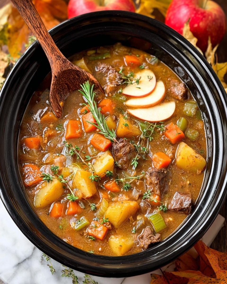 The image shows a thick stew served in a black bowl on a white marbled surface. The stew has chunks of orange carrots, green celery, yellow potatoes, and pieces of brown meat mixed in a rich brown broth. On top, thin slices of pale apple and sprigs of fresh green herbs add color and texture. A wooden spoon with a long handle is dipped into the stew, resting on the bowl’s edge. Around the bowl, red and yellow apples and dried autumn leaves create a warm, rustic feel. Photo taken with an iphone --ar 4:5 --v 7