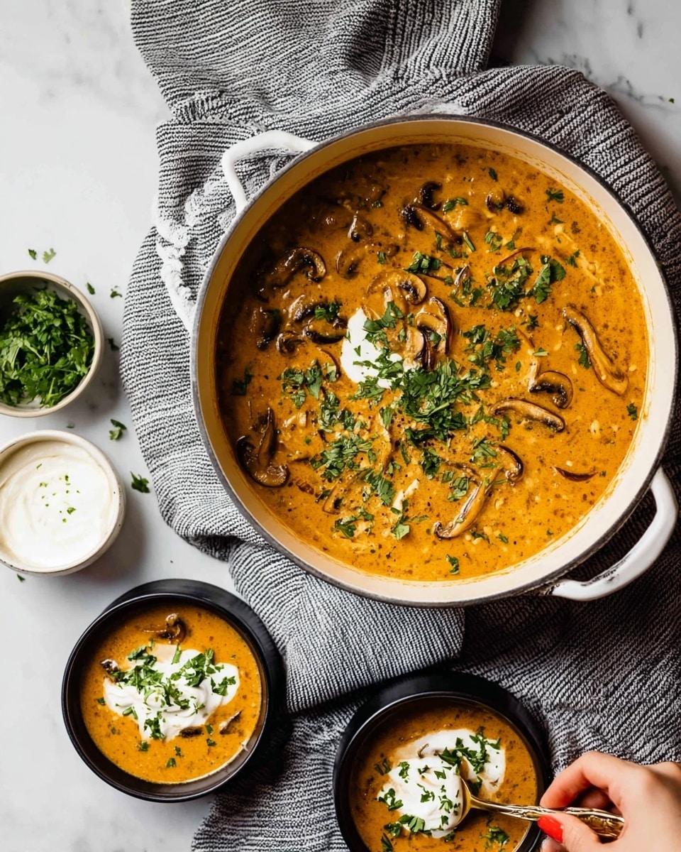A large white pot filled with creamy orange-brown soup, showing slices of light brown mushrooms floating inside; green chopped herbs are sprinkled on top along with a dollop of white sour cream near the center. The pot rests on a dark gray striped cloth over a white marbled surface, with bowls of similar soup and herbs blurred in the background. Photo taken with an iphone --ar 4:5 --v 7