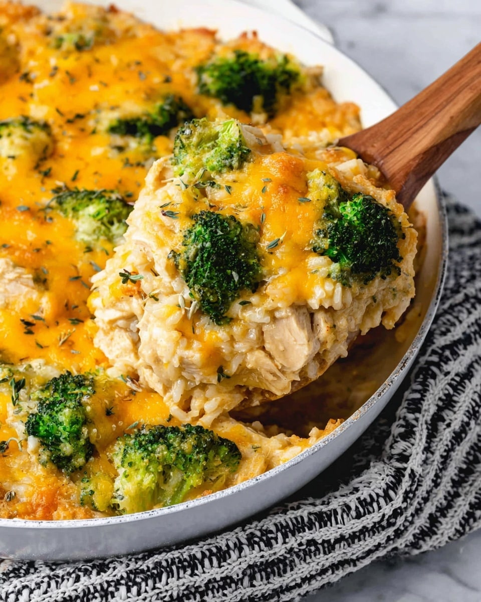 The dish shows a thick, bubbly casserole with layers starting from a creamy, light beige rice base mixed with small pieces of light brown chicken. On top of this base are bright green broccoli florets scattered evenly. The top layer is covered with melted, shiny yellow-orange cheese that looks soft and smooth, with tiny dark green herbs sprinkled around. The food is presented inside a white pan with a wooden spoon lifting some casserole, showing the layers clearly. Underneath the pan is a white and black woven cloth, all set on a white marbled surface. photo taken with an iphone --ar 4:5 --v 7