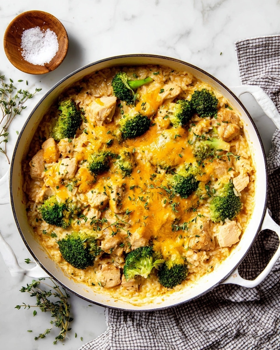 A white skillet filled with a creamy, cheesy dish showing three main layers: chunks of light brown cooked chicken pieces, bright green broccoli florets, and melted orange cheese that covers the top, sprinkled with small green herb leaves. The dish looks soft and rich with visible rice grains mixed in the sauce. The skillet sits on a white marbled surface and is next to a checked cloth, with a small wooden bowl of coarse salt and some fresh green thyme sprigs nearby. photo taken with an iphone --ar 4:5 --v 7