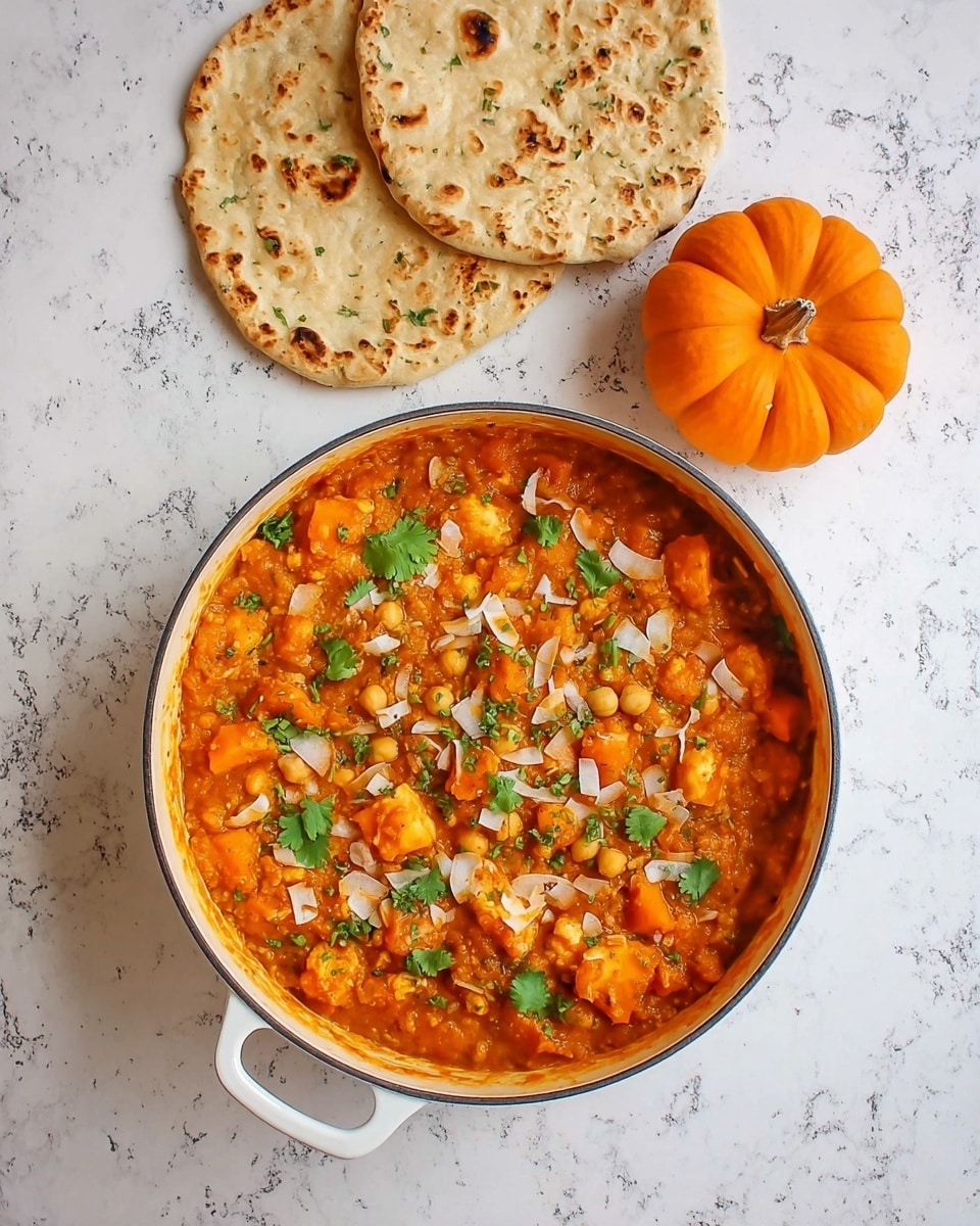 The image shows a white pan filled with a thick, orange stew made of large orange chunks, chickpeas scattered on top, green cilantro leaves, and white coconut flakes. The stew has a rich, creamy texture and some visible herbs. Behind the pan, there are two pieces of flatbread placed on a white marbled surface and to the right, an orange pumpkin sits upright. The scene is bright with natural light. photo taken with an iphone --ar 4:5 --v 7