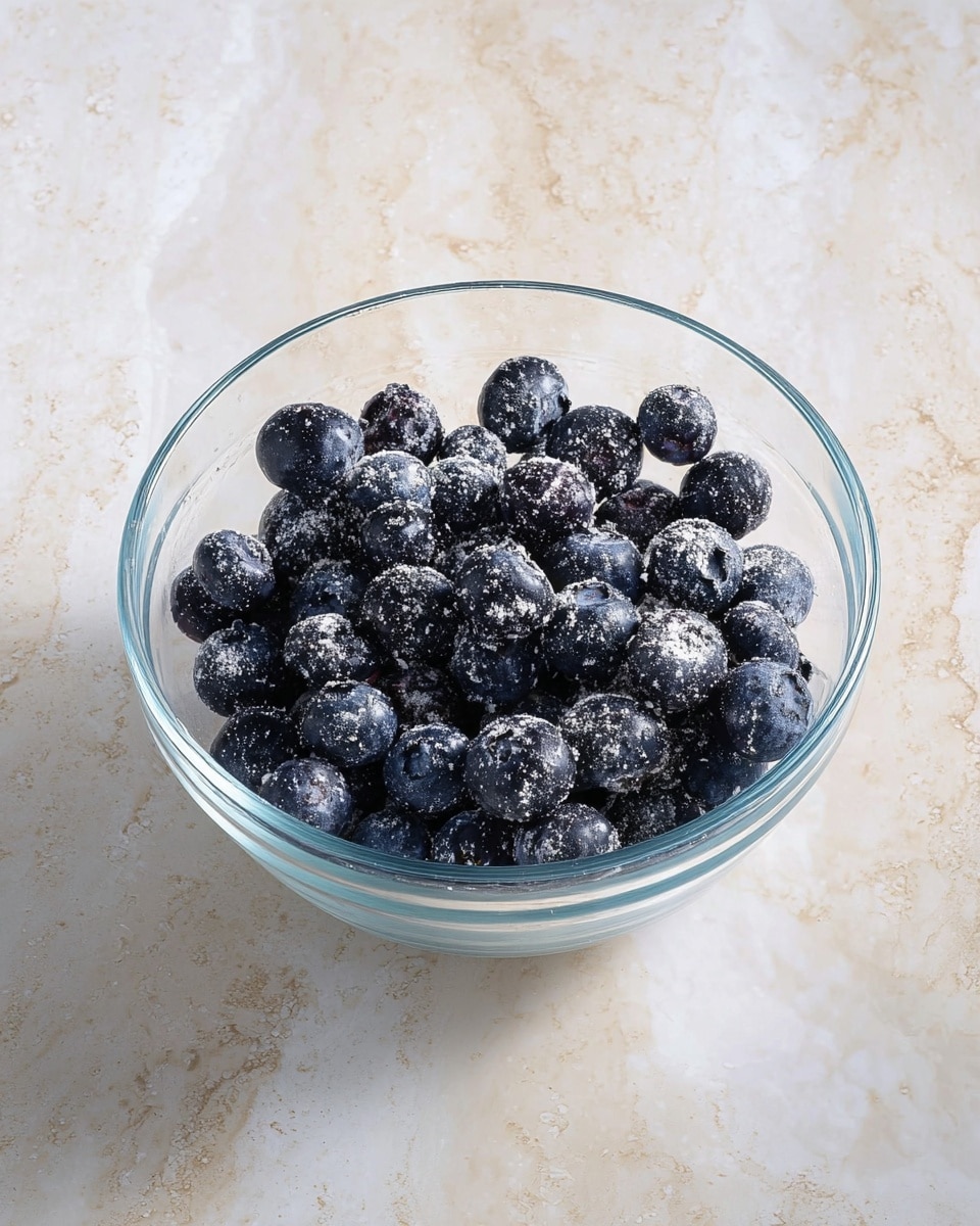A clear glass bowl filled with dark blue blueberries covered lightly with white powdery sugar or flour, each berry round and slightly shiny, sitting on a white marbled surface with soft lighting highlighting the texture of the berries and the bowl's transparency, photo taken with an iphone --ar 4:5 --v 7