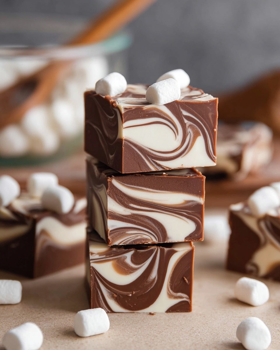 The image shows a stack of five square pieces of chocolate fudge with swirls of creamy white and milk chocolate layers. Each piece has a smooth, glossy texture with the white and brown colors forming beautiful wave-like patterns throughout the fudge. The top piece is decorated with four small white marshmallows placed neatly on one corner. The fudge squares are set on a neutral beige surface with more marshmallows scattered around them and a blurry background showing a wooden spoon and a glass bowl filled with more fudge. Photo taken with an iphone --ar 4:5 --v 7