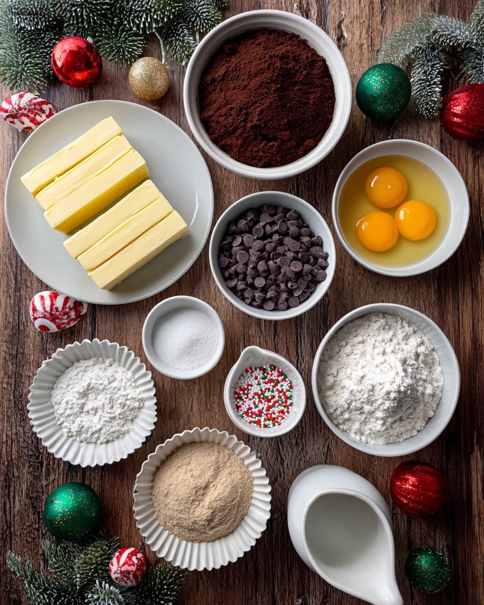 The image shows a top view of many baking ingredients arranged neatly on a wooden surface with some Christmas decorations around. There are eleven separate dishes: one with three rectangular yellow butter blocks on a white plate at the left, one with dark brown cocoa powder in a white bowl near the top, one with two bright yellow egg yolks in a white bowl to the right, one with dark chocolate chips in a white bowl in the middle, one white bowl filled with white flour on the bottom right, one white bowl with light brown sugar below the flour, one white bowl with white granulated sugar on the bottom left, one small fluted dish with salt below the yolks, one small fluted dish with white baking powder near the top right, one small fluted dish with red, white, and green round sprinkles near the middle left, and one white pitcher with clear liquid at the bottom right. The wooden surface is decorated with green pine and red and gold Christmas ornaments. The photo taken with an iphone --ar 4:5 --v 7