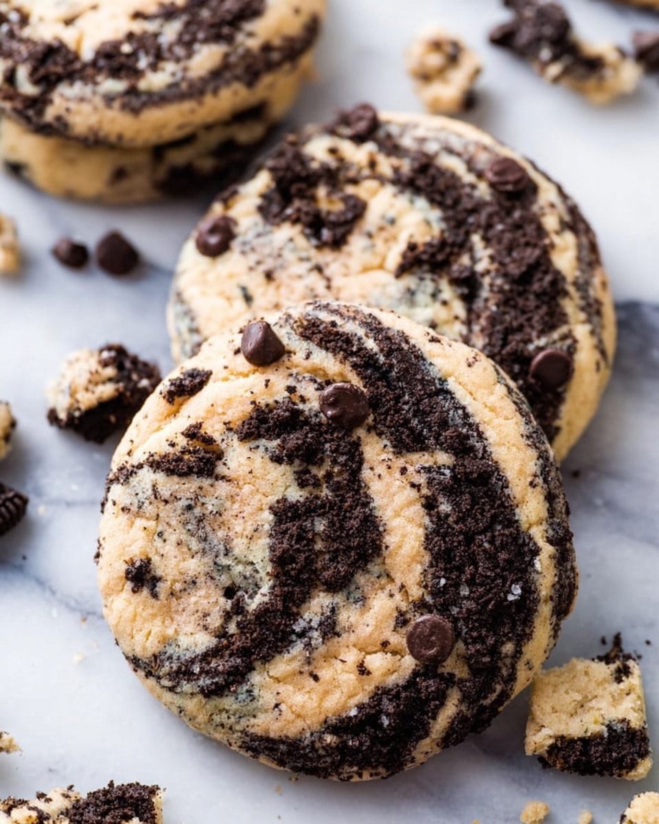 The image shows large, round cookies with a textured top that mix light beige dough with dark brown cookie pieces scattered throughout. The cookies have a slightly bumpy surface with swirls of dark and light colors, and some chocolate chips are visible on top. The cookies are placed on a white marbled surface, with some broken cookie pieces around them adding a crumbly look. There are no extra layers, just the cookie dough base mixed with cookie bits and chips. Photo taken with an iphone --ar 4:5 --v 7