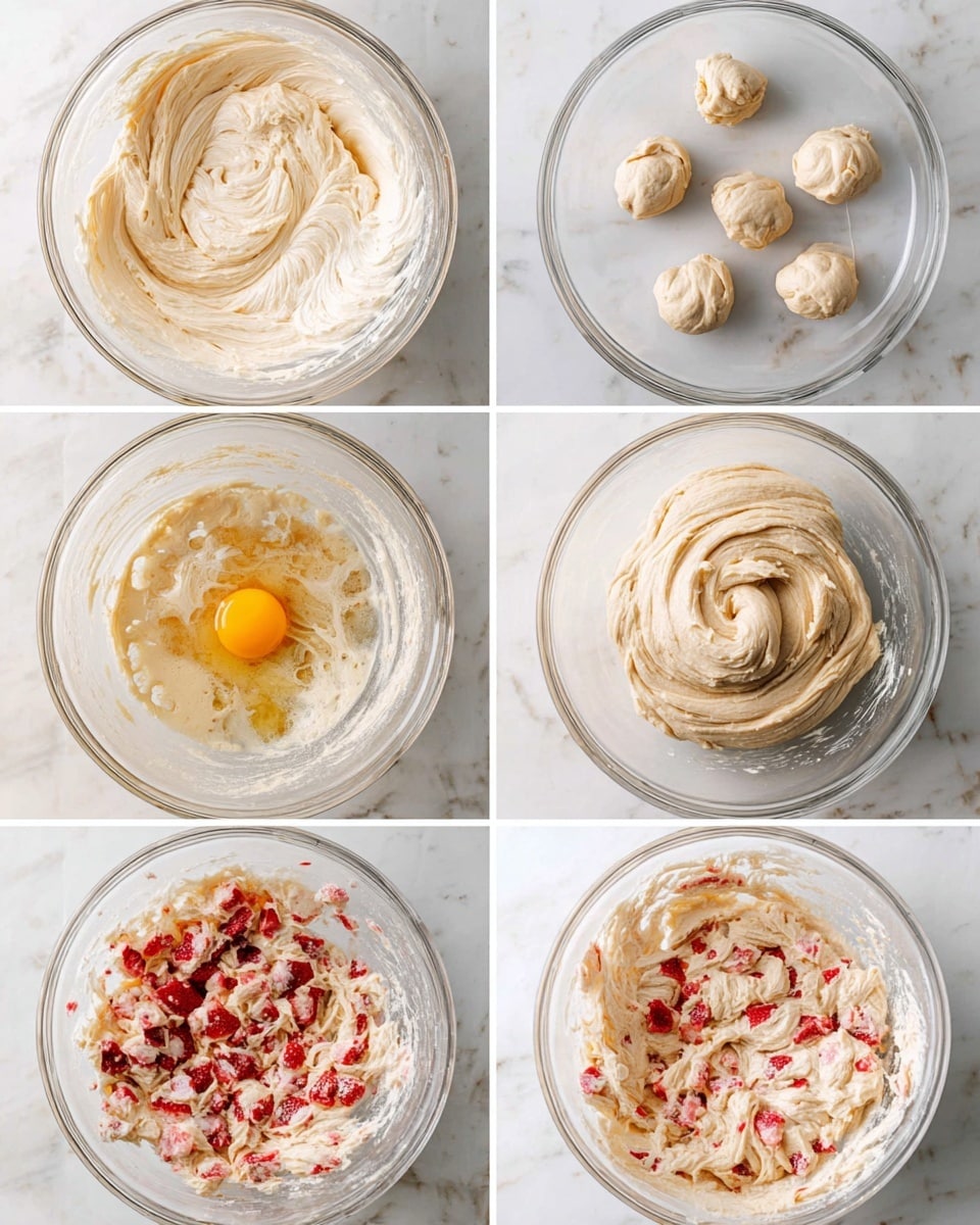 The image shows six steps of making strawberry cookie dough in clear glass mixing bowls on a white marbled surface. The first step has a creamy light beige mixture with a whipped, soft texture filling the bowl. The second step shows small dollops of thick, pale beige dough placed evenly on the white marbled surface. The third step has a smooth, lightly textured beige dough in the bowl with swirled patterns. The fourth step shows an egg yolk and drops of vanilla mix placed on top of the beige dough in the bowl. The fifth step shows the dough fully mixed with a smooth creamy light beige texture again. The sixth step shows the dough with chopped red strawberries folded inside, giving a rougher texture with pink and red fruit pieces visible throughout the beige dough. photo taken with an iphone --ar 4:5 --v 7