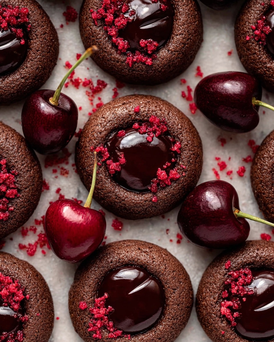 The image shows several dark brown round chocolate cookies with a shiny, smooth dark chocolate center in each one. The centers have a glossy texture and are slightly indented into the cookies. Each cookie is sprinkled with small, bright red crumbs on one side of the chocolate center. Scattered among the cookies are whole, deep red cherries with shiny skin and brown stems. The cookies and cherries are placed on a white marbled texture surface. photo taken with an iphone --ar 4:5 --v 7