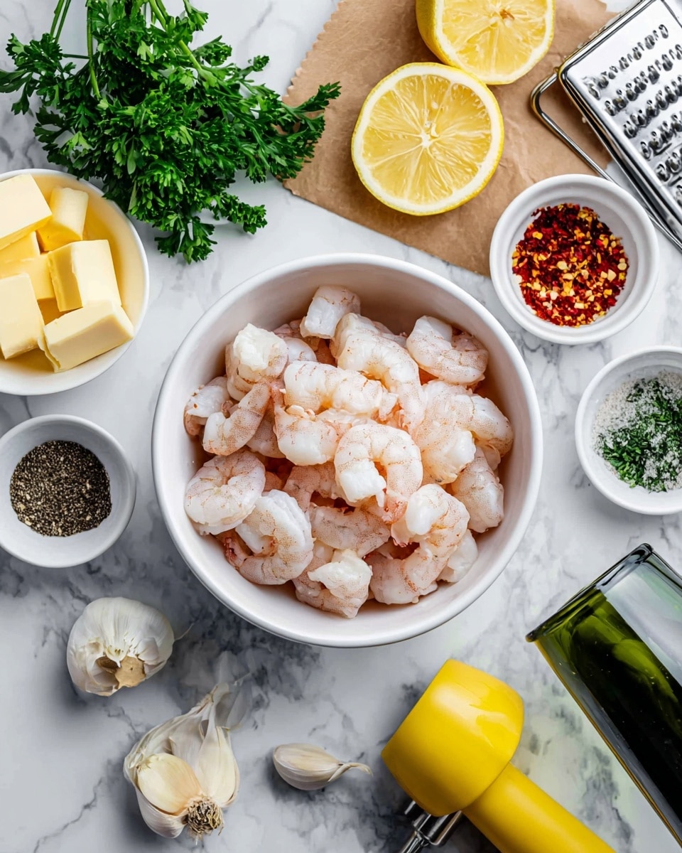 A white bowl filled with peeled shrimp, light pink and white, arranged in a loose pile at the center of a white marbled surface. Around the bowl, there is a peeled garlic bulb with several cloves scattered, a small white bowl of black pepper, a small white bowl with red chili flakes, a bunch of fresh green parsley leaves, a halved lemon showing bright yellow flesh, cubes of pale yellow butter on brown parchment paper, a metallic garlic press, and a green wine bottle with a dark green cap partially visible on the right. A yellow lemon squeezer is placed near the lemons and butter photo taken with an iphone --ar 4:5 --v 7