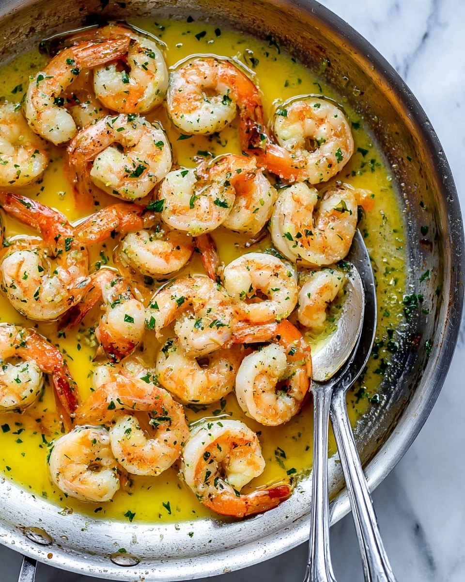 A close-up view of a pan filled with cooked shrimp coated in a yellow butter or oil sauce, with small green herb pieces sprinkled over the shrimp. The shrimp are light orange and white, curled up and spread evenly across the pan. Two silver spoons rest inside the pan on the right side, partially covered by the sauce. The pan edges show slight browning and texture. The background surface is a white marbled texture photo taken with an iphone --ar 4:5 --v 7