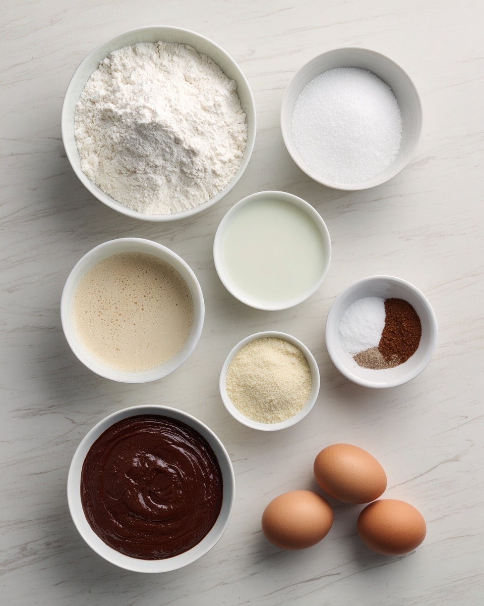 The image shows eight ingredients arranged neatly on a white marbled surface. At the top left, there is a white bowl filled with white flour, and to its right, a smaller white bowl holds white granulated sugar. Below the flour, to the left, is a white bowl with a light beige frothy liquid. Next to it, in the middle, a smaller white bowl contains a small amount of white milk, and to the right, another small white bowl holds light brown yeast granules. On the bottom left, a larger white bowl contains a smooth, dark brown chocolate mixture. To the right of it, a small white bowl has salt and brown powder spices side by side. Lastly, in the bottom right corner are two whole brown eggs placed directly on the white marbled surface. Photo taken with an iphone --ar 4:5 --v 7