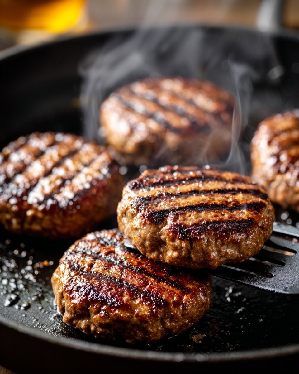 A close-up of five grilled burger patties cooking in a black frying pan, each patty showing clear, dark brown grill marks across the top, with a shiny, slightly crisp texture. One patty is being lifted by a black spatula, revealing its juicy, textured side. Steam rises around the patties, creating a smoky, hot cooking atmosphere. The background is softly blurred to keep the focus on the patties. photo taken with an iphone --ar 4:5 --v 7