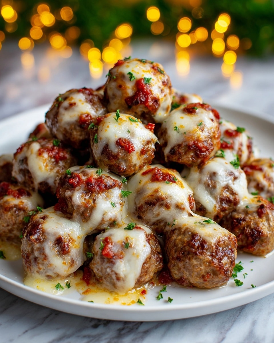 A white plate filled with a pile of meatballs covered with melted cheese and small bits of red sauce on top. The meatballs have a browned, slightly crispy texture and are garnished with small green parsley leaves scattered over them. The background features bright, golden bokeh lights and a blurred green element, all set on a white marbled surface. photo taken with an iphone --ar 4:5 --v 7